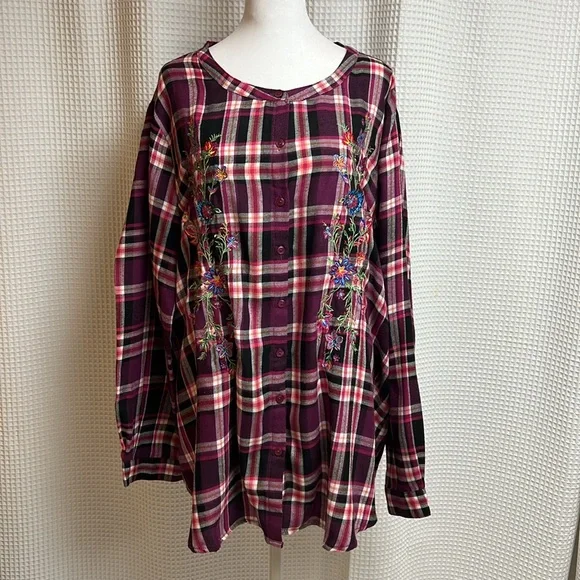 🌸The Pioneer Woman🌸 Embroidered Flannel top, Long Sleeve Button front ~ XXXXL - Picture 2 of 11